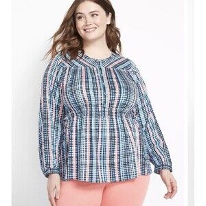 Lane Bryant No Peek Button Front Raya Plaid Tunic Top Size 22/24 Plus Tunic Blue